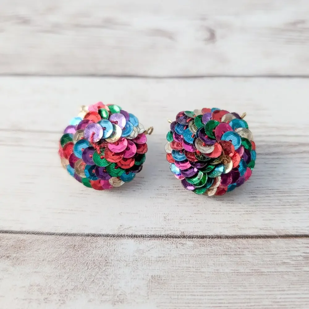 Vintage Clip On Earrings Multi Colored Sequins